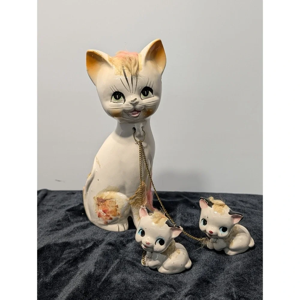 VTG Spaghetti Cat Mom & Kittens Japan 1950s MCM Ceramic Kitsch Collectible Fig